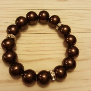 Brown pearl and rhinestone stretch bracelet